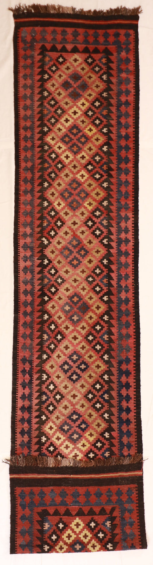 2.6 x 12.8 Runner - Kilim Wool Geometric Rectangle - Hand Knotted Rug — 16044