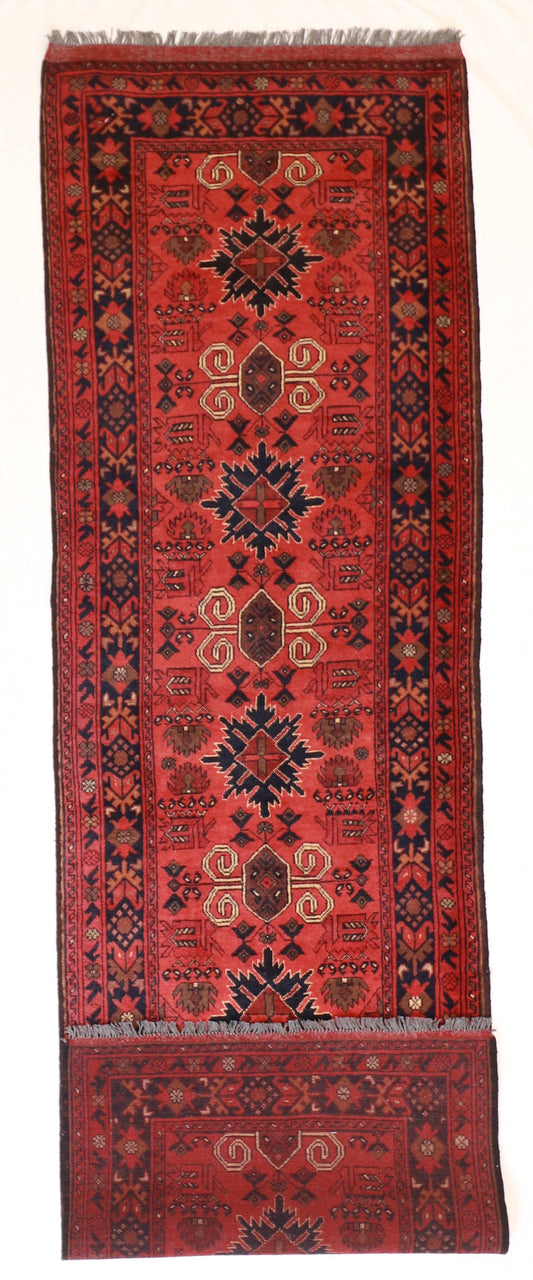Runner - Kazak Fine/Wool Geometric Rectangle - Hand Knotted Rug — 50761