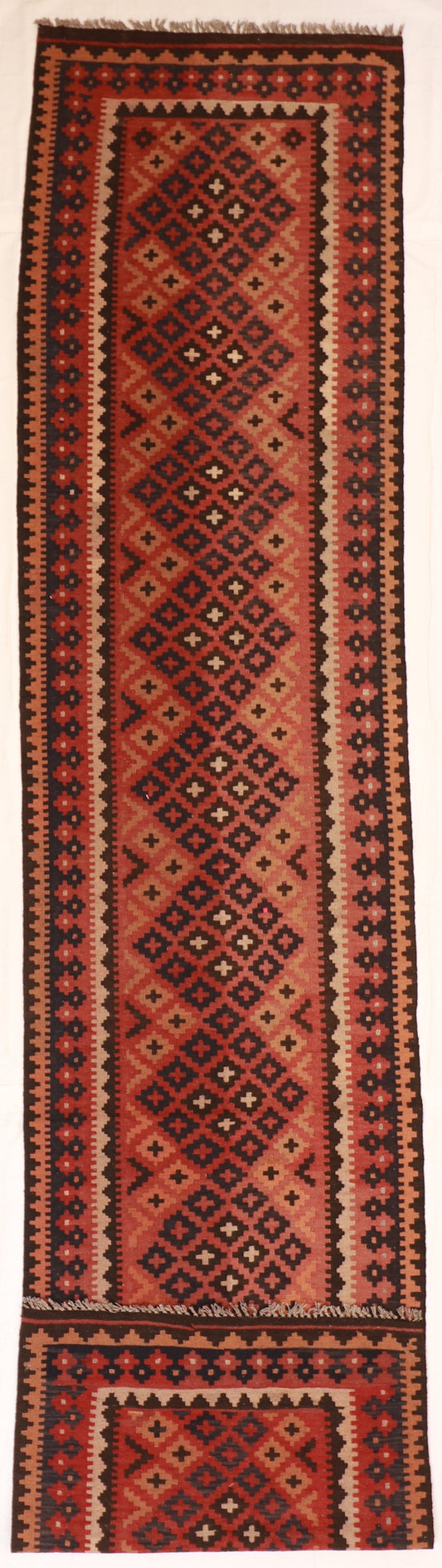 2.6 x 12.7 Runner - Kilim Wool Geometric Rectangle - Hand Knotted Rug — 51044