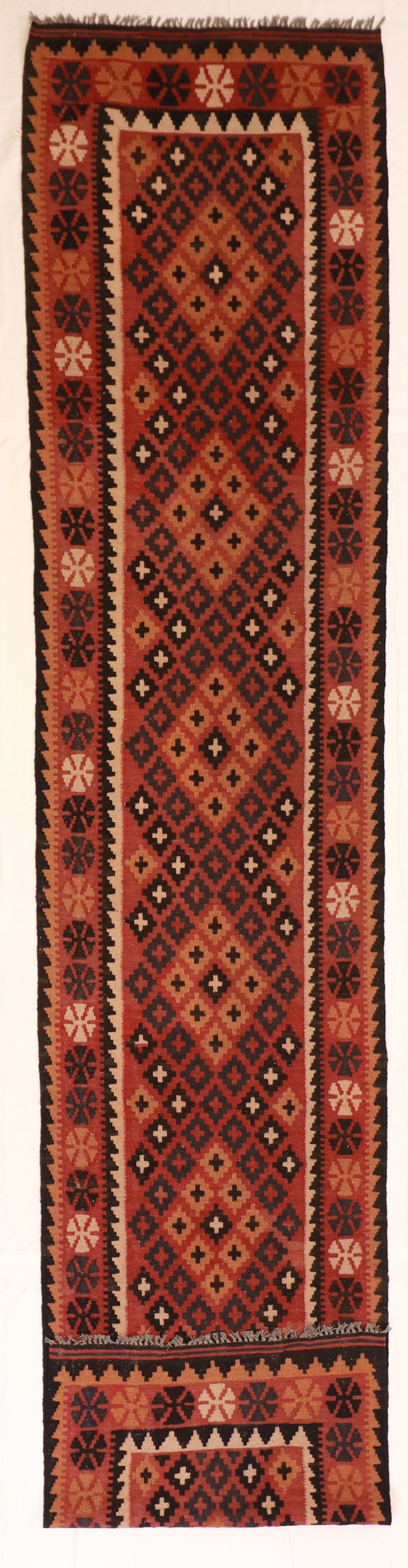 2.7x12.7 Runner - Kilim Wool Geometric Rectangle - Hand Knotted Rug — 51057