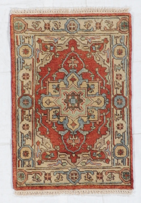Serapie Rug – 2 × 3 – Handwoven Wool – Red, Ivory, Blue, and Soft Green – A classic Serapie accent rug