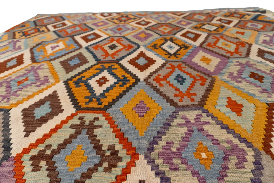 W 6.8 L 9.9 Kilim 100% Wool Hand-Woven All-Over Design - 63734