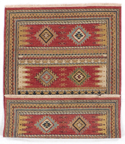 4x6 - Karajeh Wool Geometric Rectangle - Hand Knotted Rug — 64455