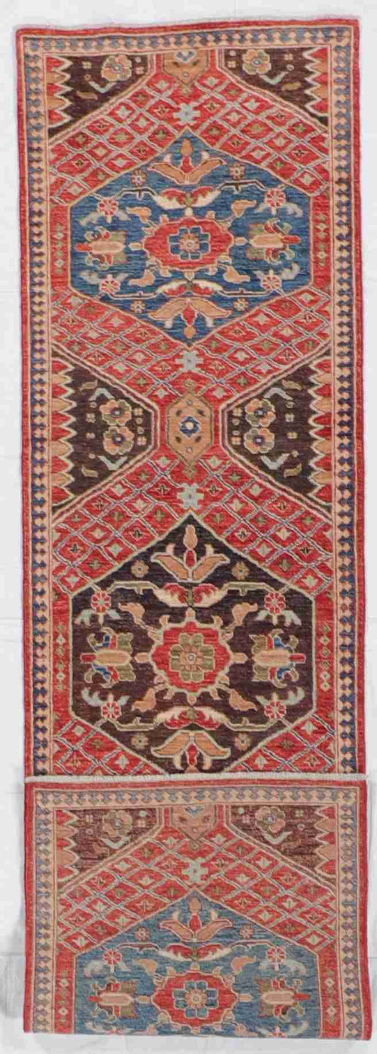 W 2.6 L 9.7 Karajeh Runner 100% Wool Hand-Woven All Over Design - 65409