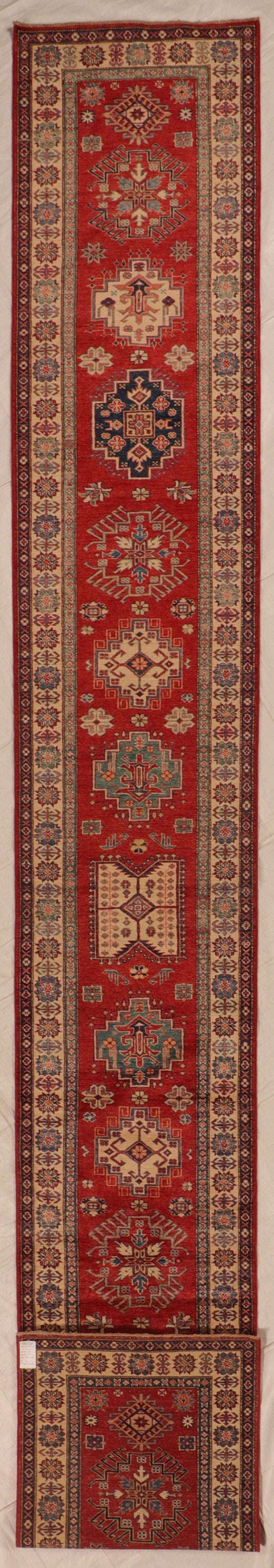 2.9 x 19.8 Runner - Kazak Fine Geometric Rectangle - Hand Knotted Rug — 66102
