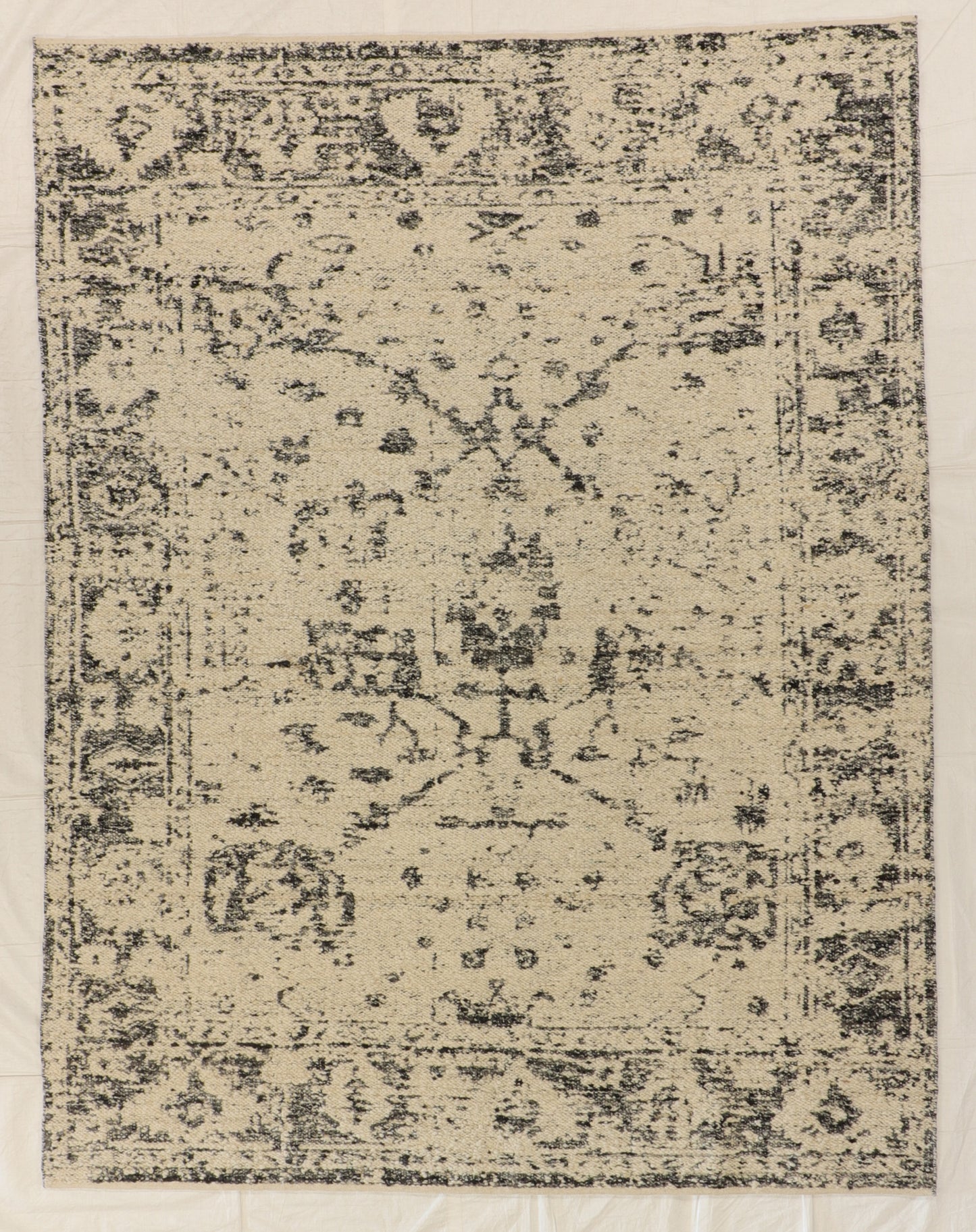 Modern Rug – 7′9″ × 9′10″ – Handwoven Wool – Ivory and Charcoal – A contemporary distressed