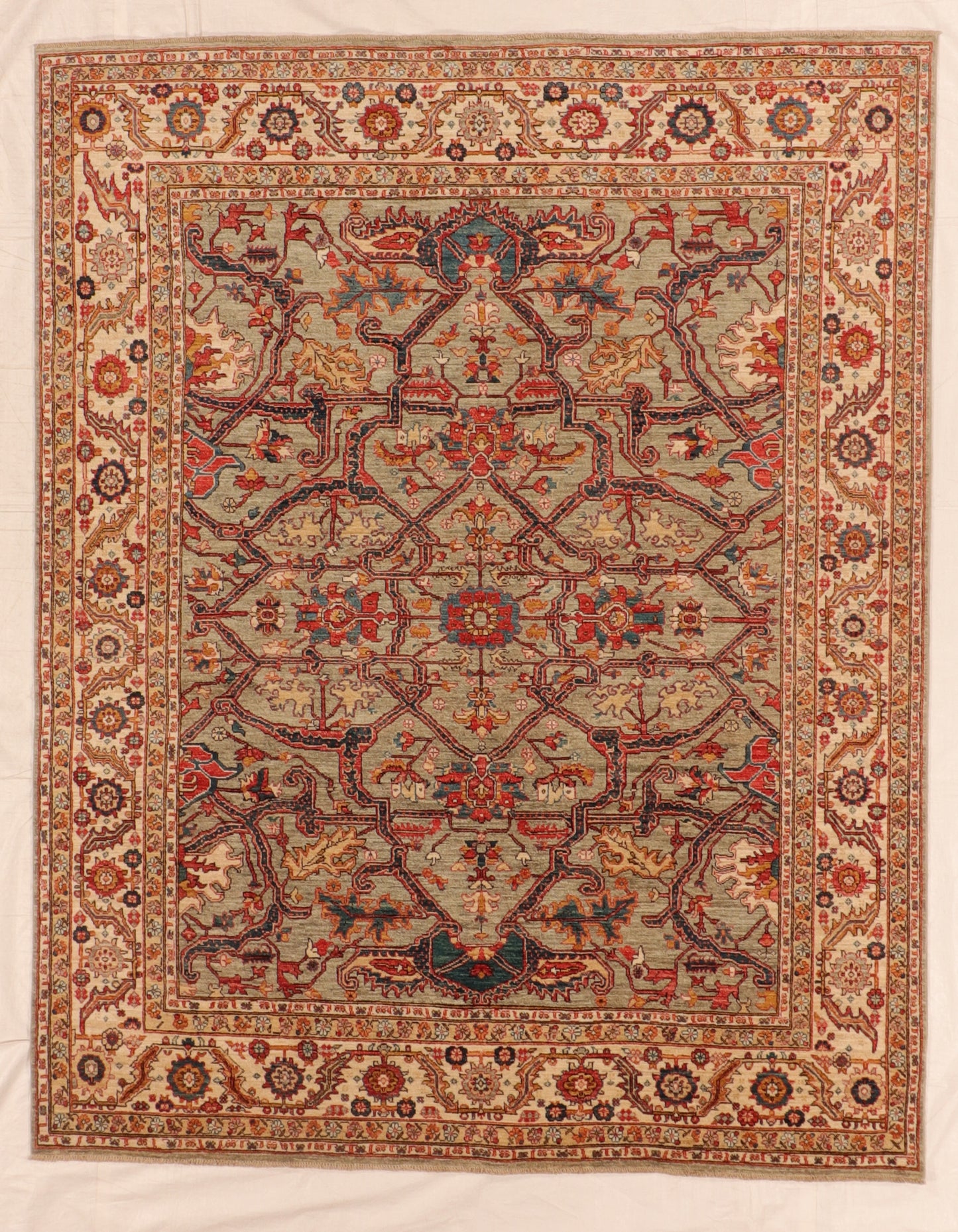 Serapie Rug – 7′10″ × 9′11″ – Handwoven Wool – Sage, Red, and Ivory – A classic Serapie with bold medallion vines