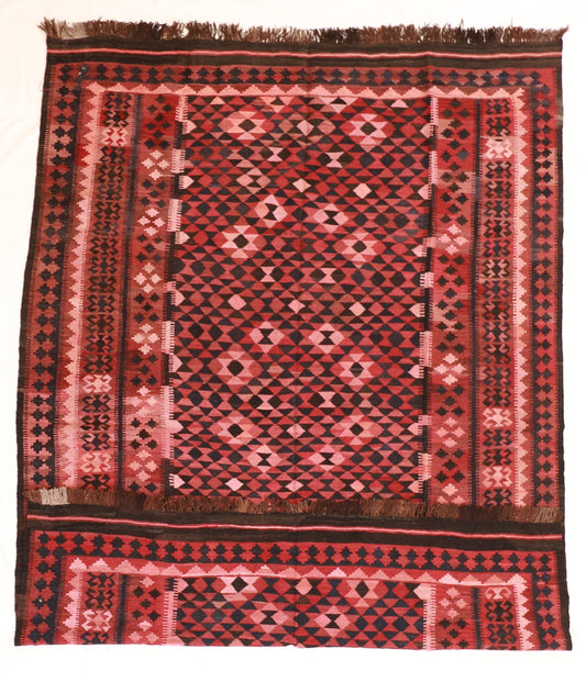 6.7 x 9.2 - Kilim Wool Geometric Rectangle - Hand Knotted Rug — 9814