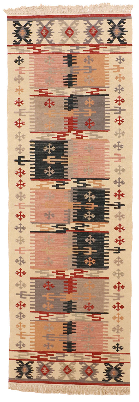2.8 x 8 Runner - Soumak Kilim Fine/Wool Geometric Rectangle - Hand Knotted Rug