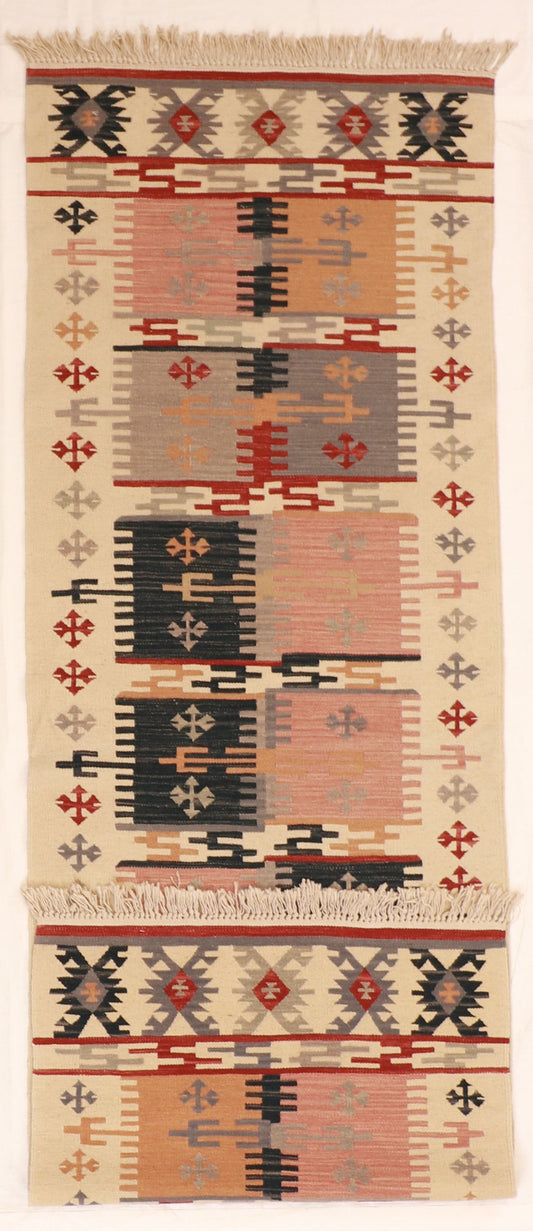 2.8 x 8 Runner - Soumak Kilim Fine/Wool Geometric Rectangle - Hand Knotted Rug