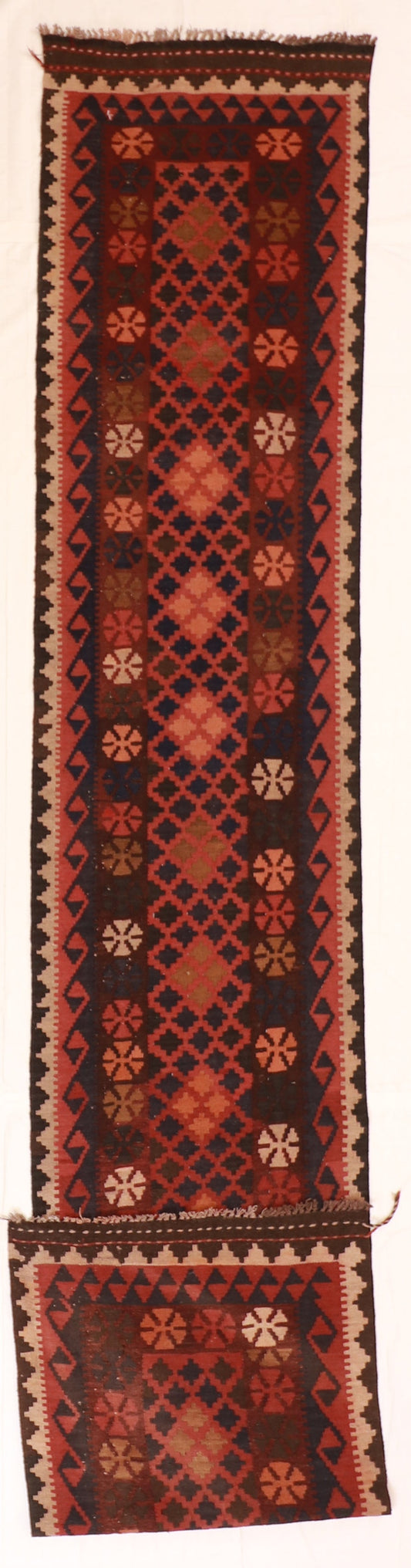 2.4 x 12.10 Runner - Kilim Wool Geometric Rectangle - Hand Knotted Rug