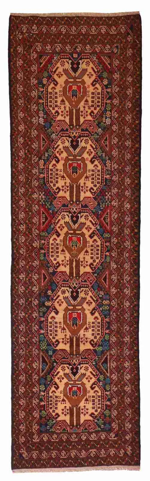 ✨ Handwoven 2.9×9.6 Baluch Wool Runner — 🇦🇫 Afghan Geometric Design in Tan, Blue, Green &amp; Brown