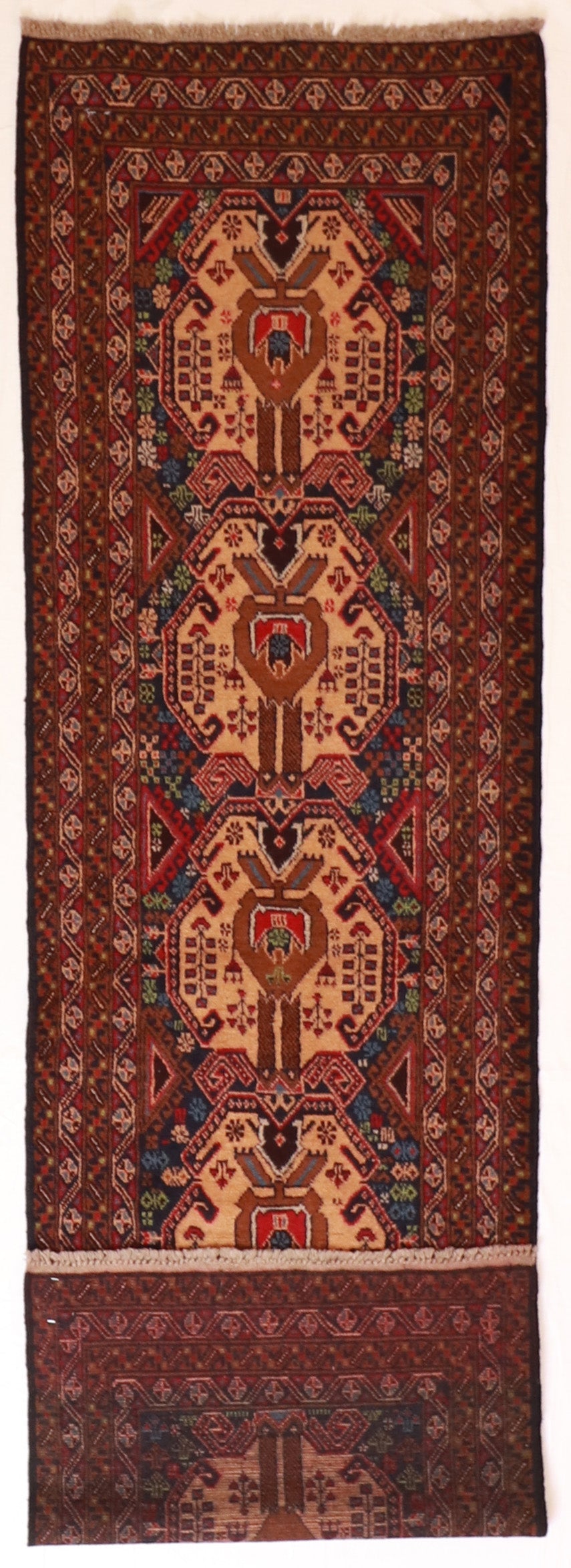 ✨ Handwoven 2.9×9.6 Baluch Wool Runner — 🇦🇫 Afghan Geometric Design in Tan, Blue, Green &amp; Brown