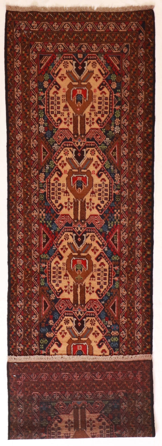 ✨ Handwoven 2.9×9.6 Baluch Wool Runner — 🇦🇫 Afghan Geometric Design in Tan, Blue, Green &amp; Brown