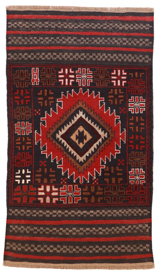 W 2.9 L 4.10 Baluch 100% Wool Handmade Geometric Design - 57139