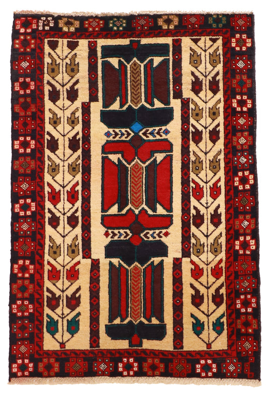 W 3 L 4.4 Baluch 100% Wool Handmade Geometric Design - 58577