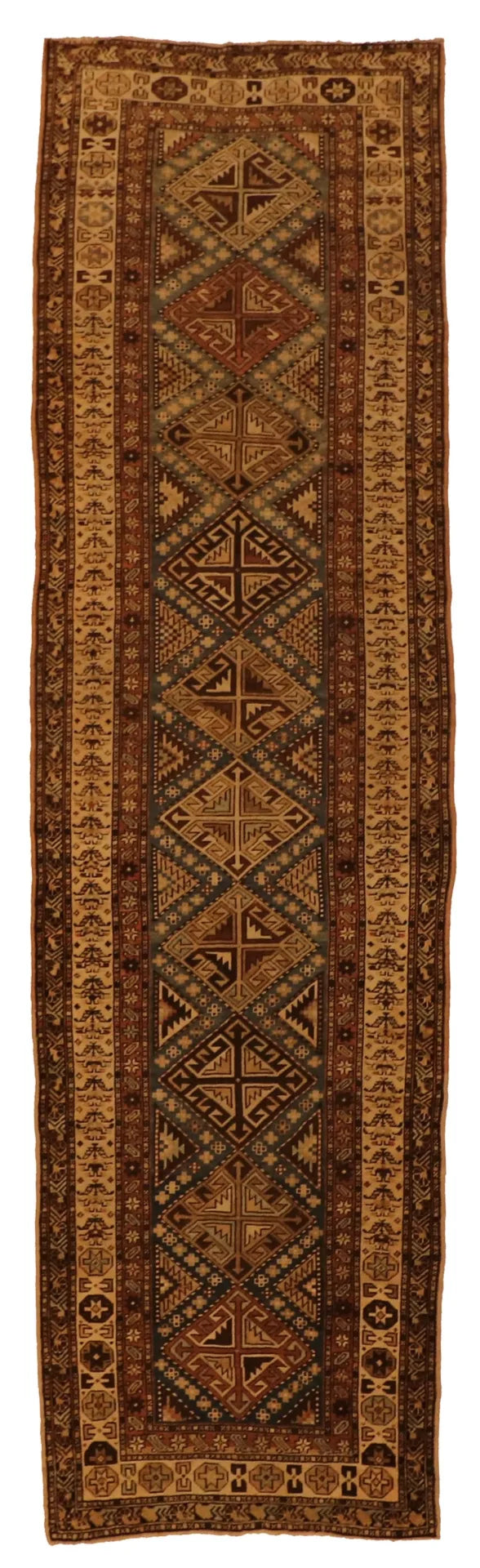 W 3.6 L 12.6 Cacausian Antique Runner 100% Wool Hand-Woven Geometric Design - 64068