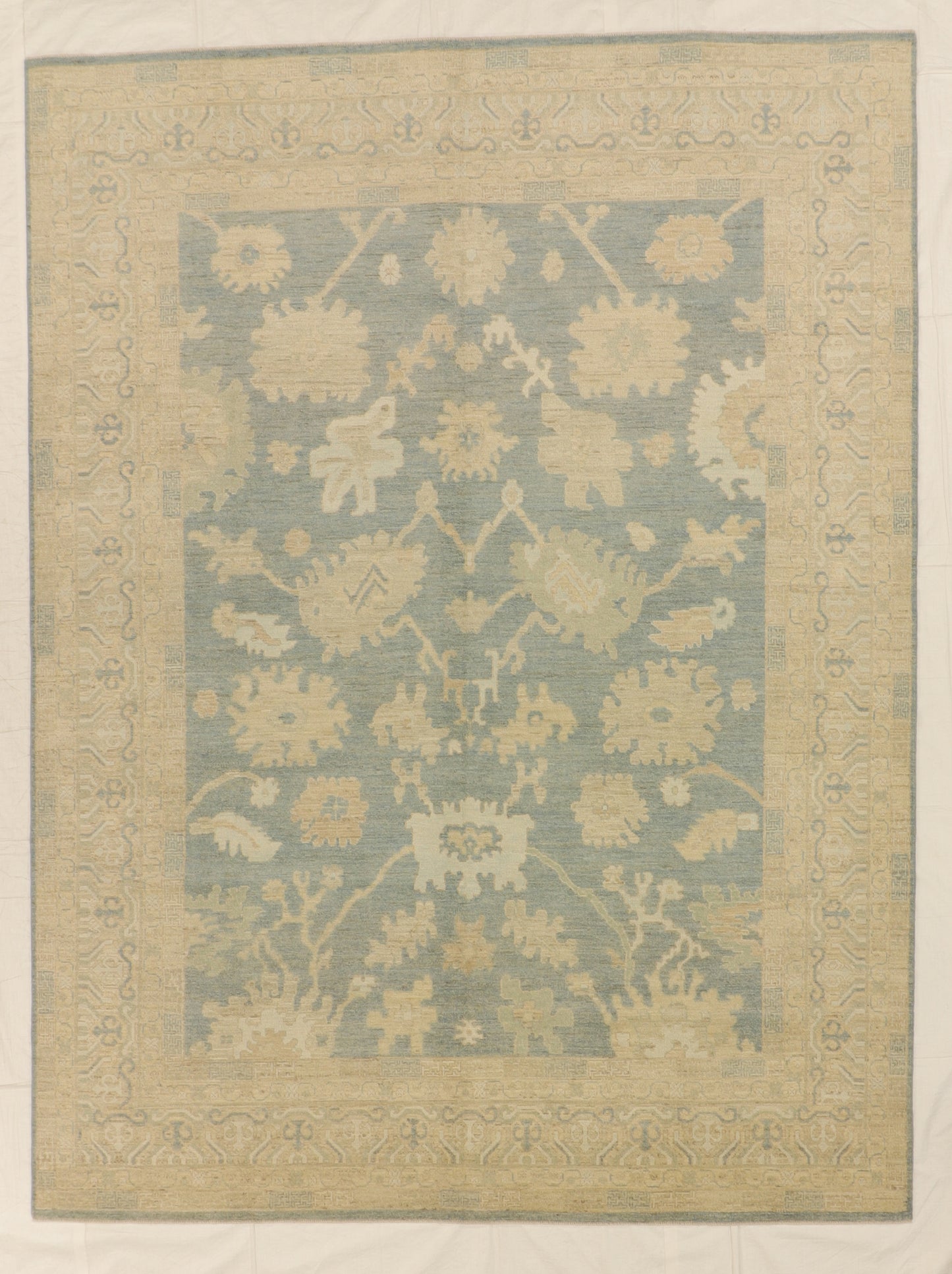 Mahal Rug – 9′1″ × 12′5″ – Handwoven Wool – Soft Blue, Ivory, and Sand – A refined Mahal with airy florals