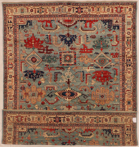 W 9.2 L 12.2 Serapie 100% Wool Hand-Woven All Over Design - 66274