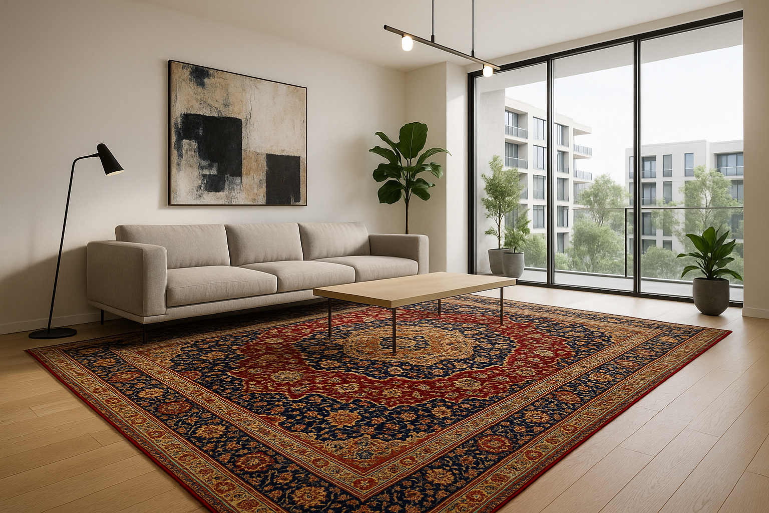 a stylish modern interior featuring a large persian rug